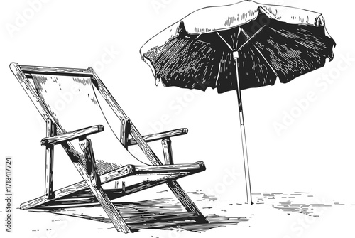Beach chair sketch, hand drawn style with umbrella on sand — stock vector
