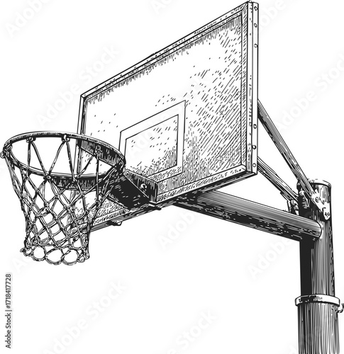 Basketball hoop sketch, hand drawn style, detailed backboard and net on pole — stock vector