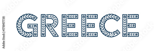 Greece text with laurel wreath and Greek ornamental style, blue decorative typography on transparent background, ancient Greece theme