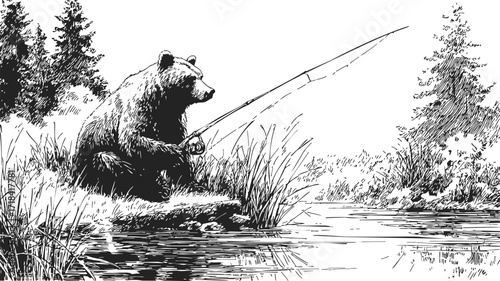 Bear fishing with rod sketch, hand drawn riverbank scene in forest — stock vector