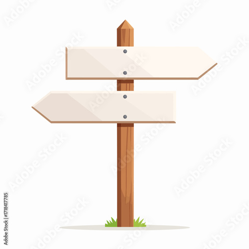 A blank wooden signpost featuring two empty arrow-shaped direction signs, ready for custom text or symbols to guide viewers on various paths, choices, or information
