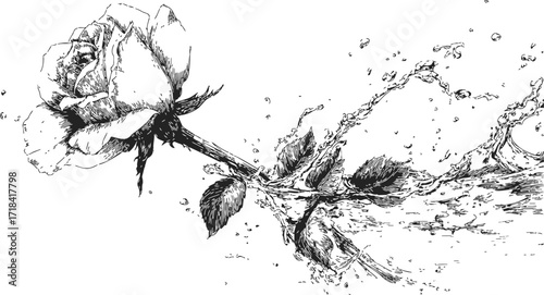 Rose flower sketch with water splash, hand drawn botanical style — stock vector