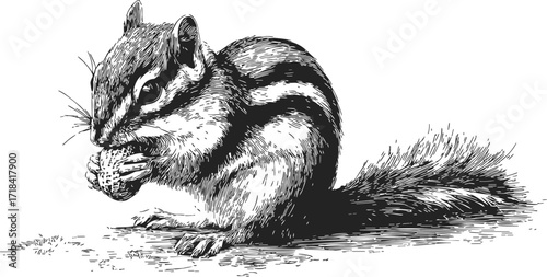 Chipmunk sketch hand drawn eating nut detailed woodland animal illustration — stock vector