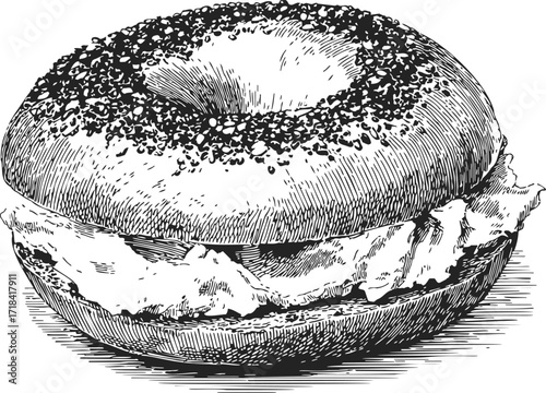 Bagel sandwich sketch, hand drawn style with cream cheese filling — stock vector