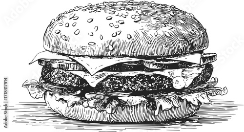 Burger sketch hand drawn with cheese lettuce tomato sesame bun — stock vector