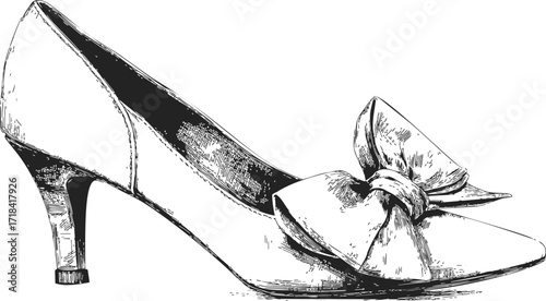 High heel shoe sketch with large bow, hand drawn elegant fashion accessory — stock vector