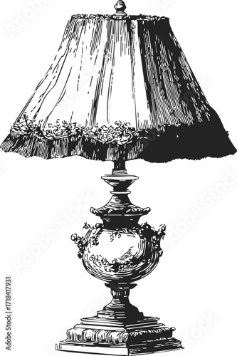 Vintage table lamp sketch, hand drawn ornate base and fabric lampshade — stock vector