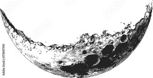 Crescent moon sketch hand drawn with detailed craters and textured lunar surface — stock vector