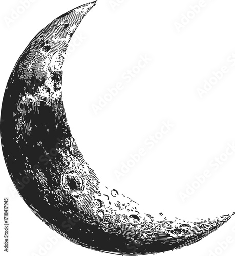 Crescent moon sketch, hand drawn vector with detailed lunar surface texture — stock vector