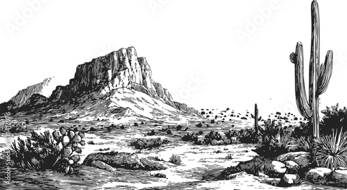 Desert landscape sketch, hand drawn mountain, cactus, and arid vegetation scene — stock vector