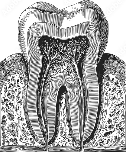 Tooth cross section sketch, hand drawn anatomical structure with roots and pulp — stock vector
