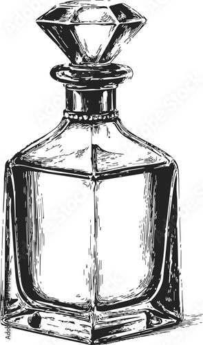 Decanter bottle sketch, hand drawn vintage glassware with faceted stopper — stock vector
