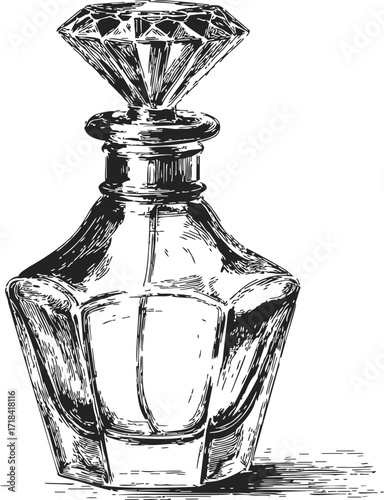 Perfume bottle sketch hand drawn vintage glass container with diamond stopper — stock vector