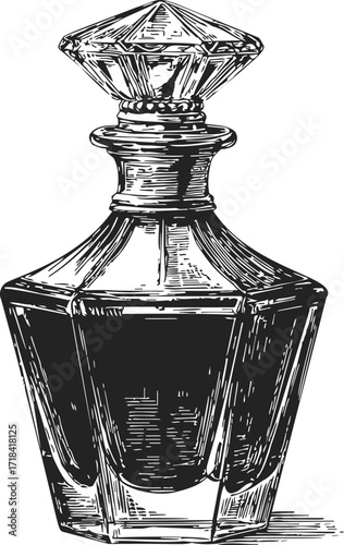 Vintage perfume bottle sketch hand drawn with ornate faceted stopper — stock vector