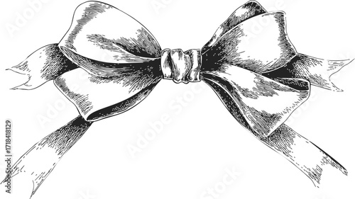 Bow sketch hand drawn ribbon with detailed shading and flowing tails — stock vector