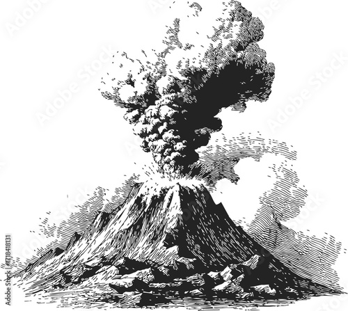 Volcano sketch hand drawn erupting mountain with smoke and ash plume — stock vector