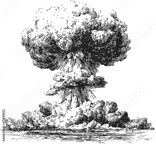 Mushroom cloud sketch hand drawn explosion plume with smoke and debris — stock vector