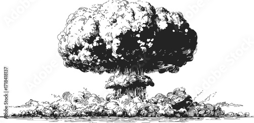 Nuclear explosion mushroom cloud sketch, hand drawn dramatic blast scene — stock vector