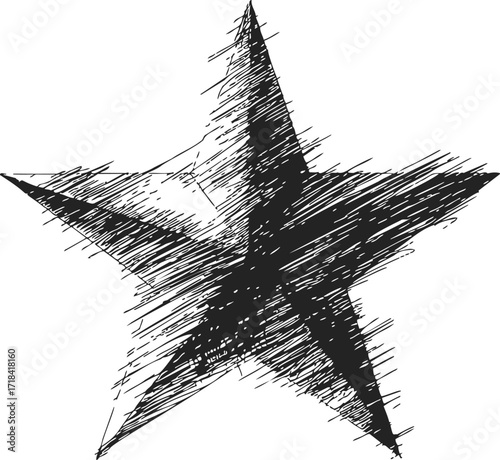 Star sketch hand drawn rough textured five-pointed shape with dynamic crosshatch lines — stock vector