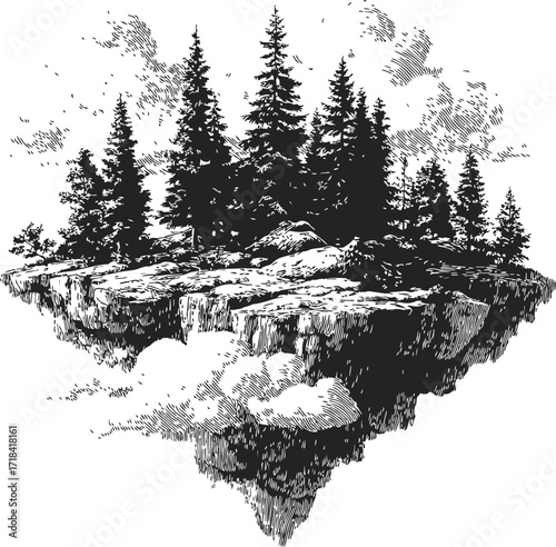 Floating island sketch, hand drawn pine trees and rocky terrain in fantasy style — stock vector