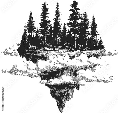Floating island sketch, hand drawn pine forest on rocky landmass above clouds — stock vector