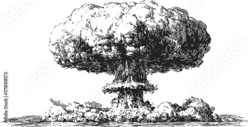 Mushroom cloud sketch, hand drawn explosion with detailed smoke and debris — stock vector