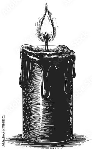 Candle sketch hand drawn with melting wax and burning flame — stock vector
