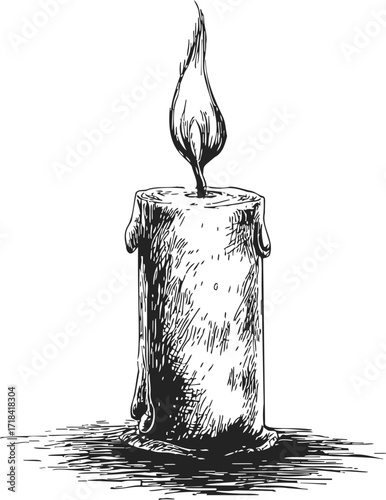 Burning candle sketch hand drawn with melting wax and flame — stock vector