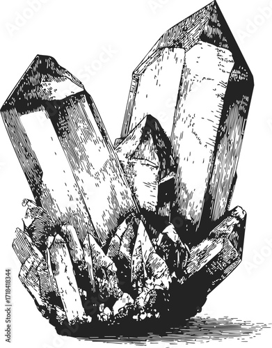 Quartz crystal cluster sketch, hand drawn mineral gemstone illustration — stock vector