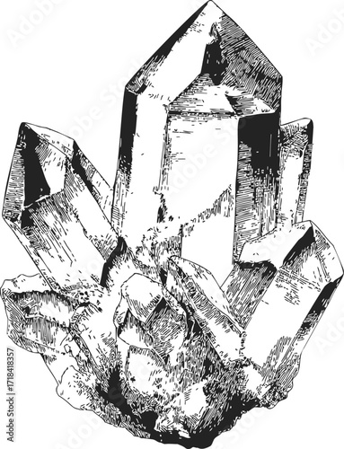 Quartz crystal cluster sketch, hand drawn mineral illustration with detailed facets — stock vector