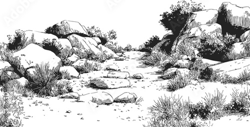 Rocky path sketch hand drawn with boulders and desert vegetation — stock vector