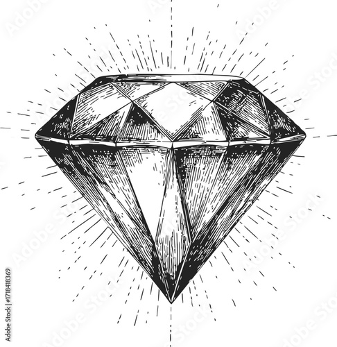 Diamond sketch hand drawn gemstone with radiant lines and detailed facets — stock vector