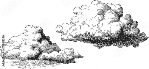 Clouds sketch hand drawn fluffy cumulus clouds detailed black and white illustration — stock vector