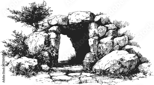 Ancient stone arch sketch, hand drawn with rocky entrance and wild vegetation — stock vector