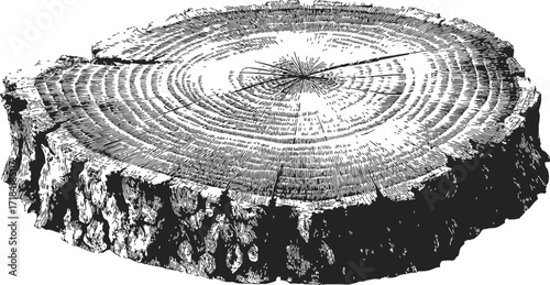 Tree trunk cross section sketch, hand drawn annual rings and bark texture — stock vector