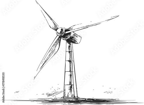 Wind turbine sketch hand drawn renewable energy generator on landscape — stock vector