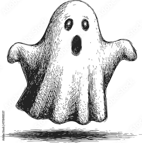 Ghost sketch hand drawn style floating with surprised face — stock vector