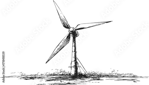 Wind turbine sketch hand drawn style on grassy landscape — stock vector