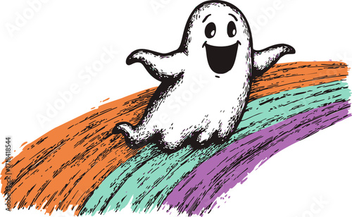 Happy ghost sketch hand drawn sliding on colorful rainbow brush strokes — stock vector
