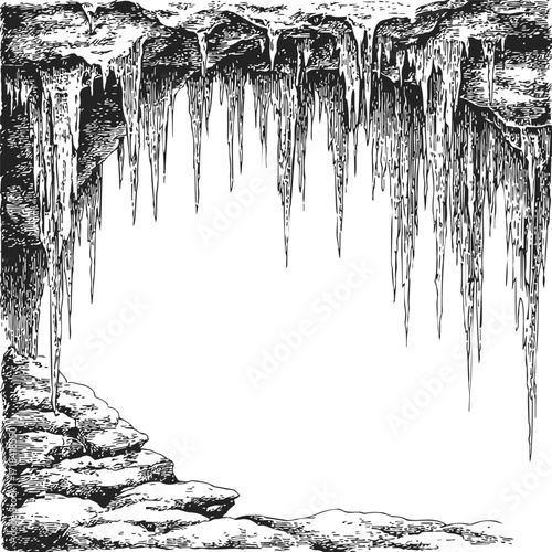 Stalactites sketch hand drawn cave ceiling mineral formations with rocky floor — stock vector