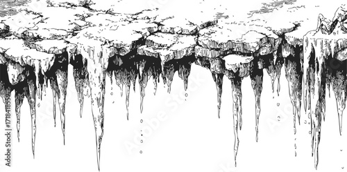 Stalactites sketch hand drawn limestone cave ceiling with dripping water — stock vector