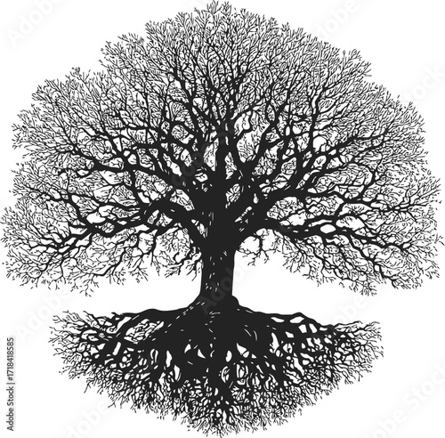 Tree silhouette sketch hand drawn with detailed branches and roots — stock vector