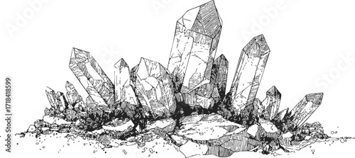 Crystal cluster sketch hand drawn mineral formation with detailed facets and rough base — stock vector
