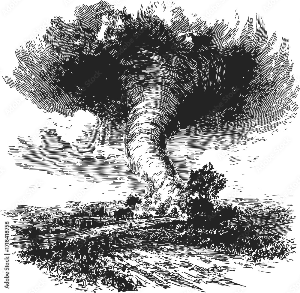 Fototapeta premium Tornado sketch hand drawn rural landscape with swirling funnel cloud — stock vector