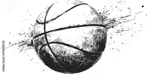 Basketball sketch hand drawn with dynamic motion and ink splatter effect — stock vector