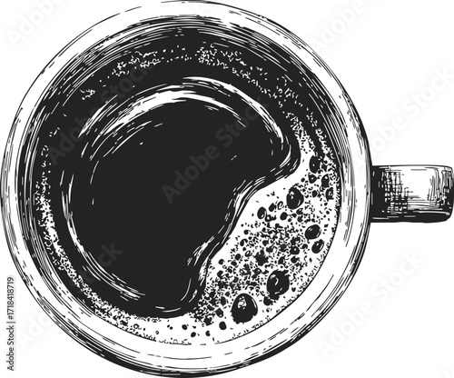 Coffee cup sketch hand drawn top view with bubbles and textured details — stock vector