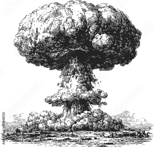 Mushroom cloud sketch, hand drawn explosion over city landscape — stock vector