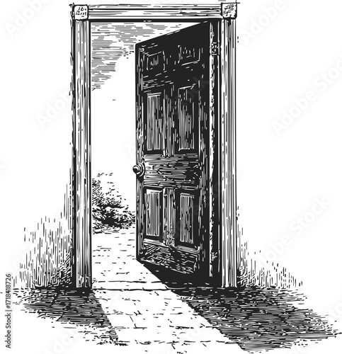 Open door sketch hand drawn with sunlight and shadow — stock vector