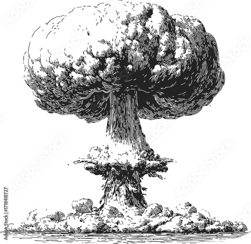 Mushroom cloud sketch, hand drawn explosion with detailed smoke and debris — stock vector