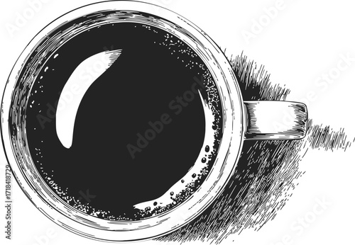 Coffee cup sketch hand drawn top view with shadow — stock vector